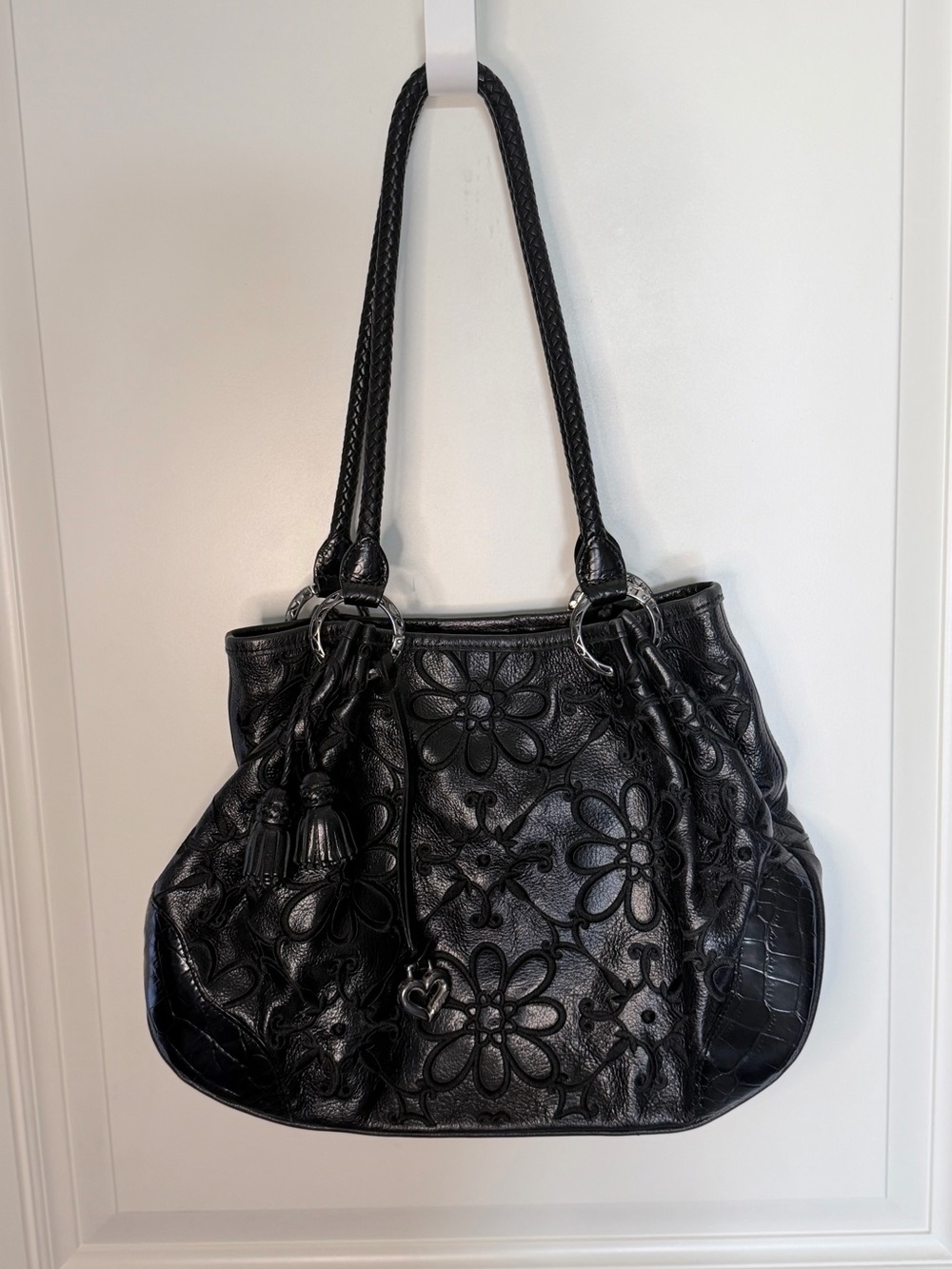 Brighton Valencia Black Floral-Embossed Leather Shoulder Bag